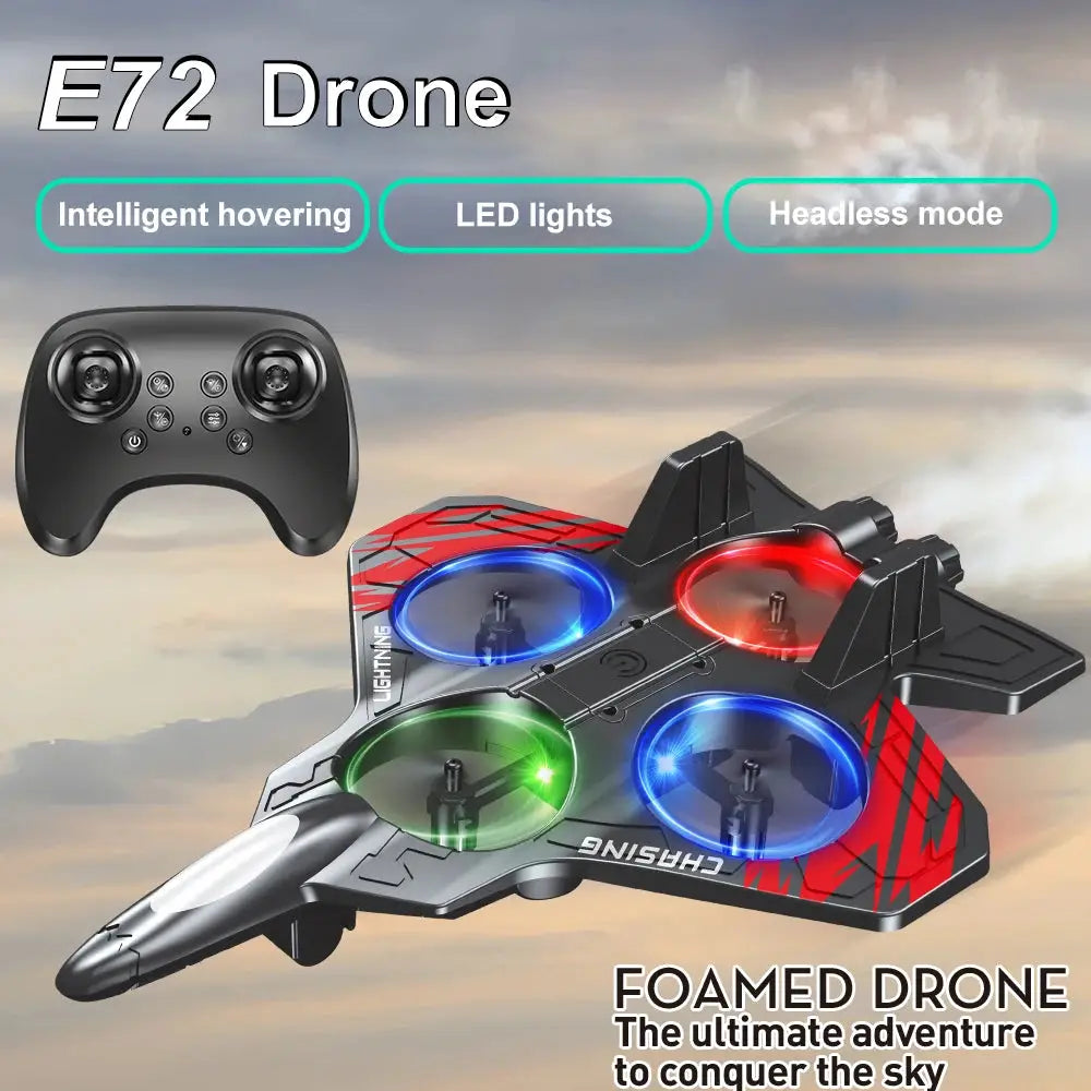 E72 Drone from Simples Market; foam quadcopter with LED lights and remote controller