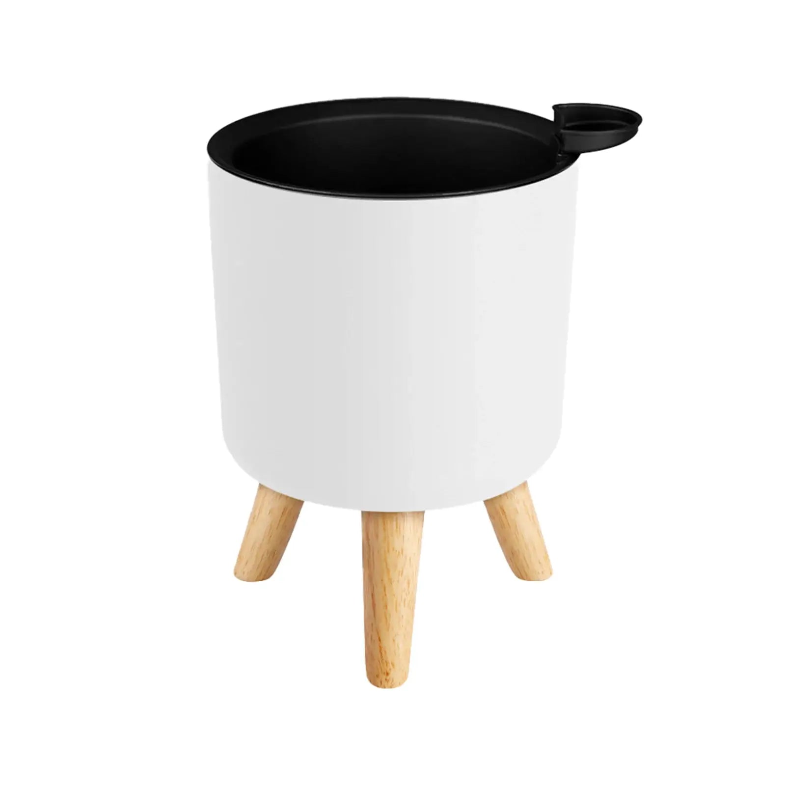 Floor-standing round white planter with black rim and wooden legs; self-watering drainage system.