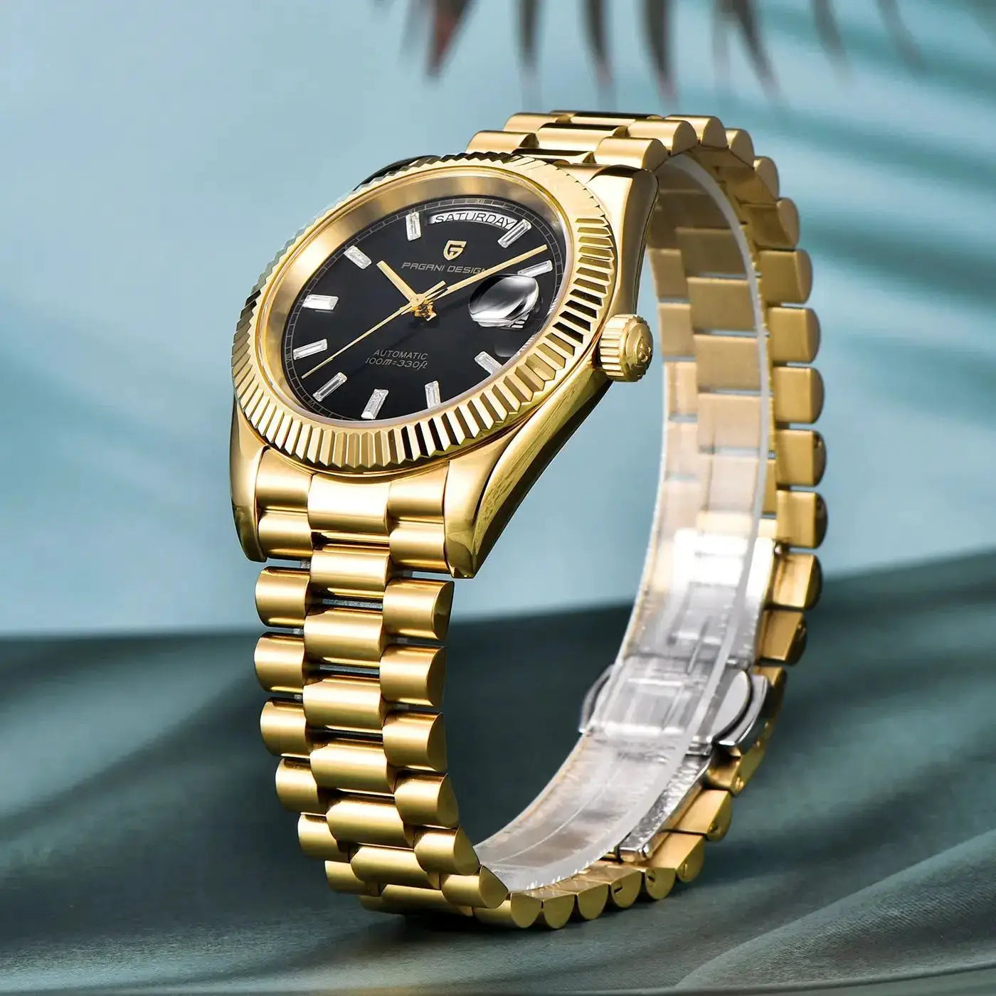 PAGANI DESIGN gold-tone men's automatic wristwatch with black dial and date window