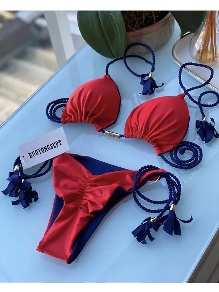 Two-piece bikini set, red and blue backless rope triangle swimsuit with tassel cords.