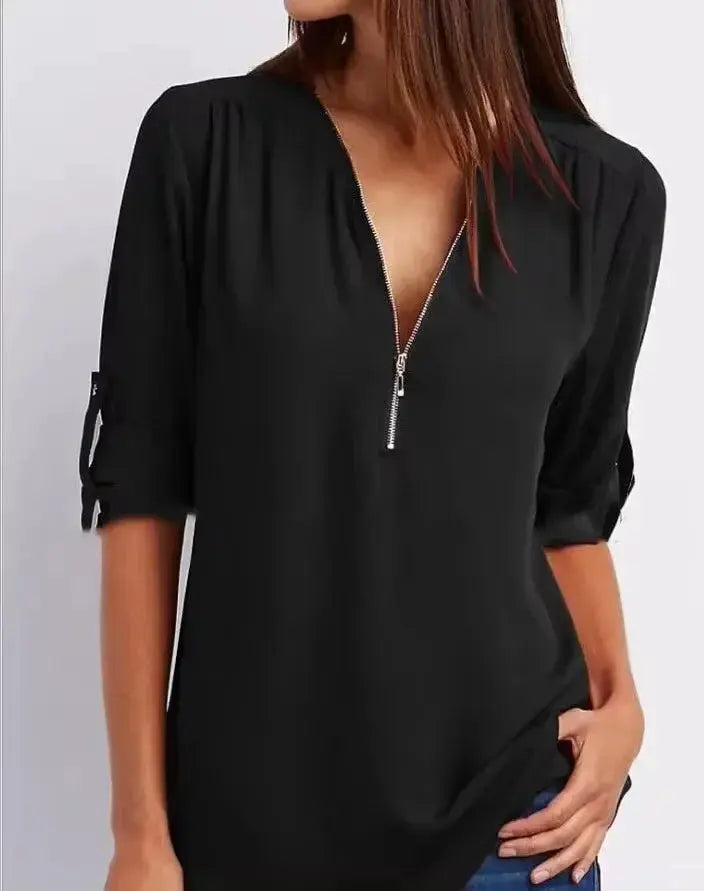 Simples Market women's black deep V-neck chiffon blouse with zip front and rolled sleeves