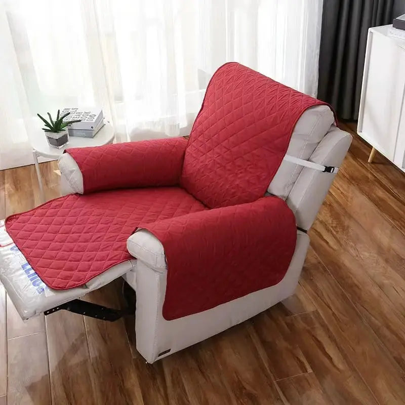 Recliner chair covers set, red quilted with anti-slip arm covers