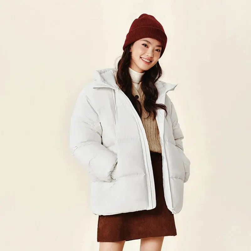 White hooded down jacket, puffer outerwear for winter