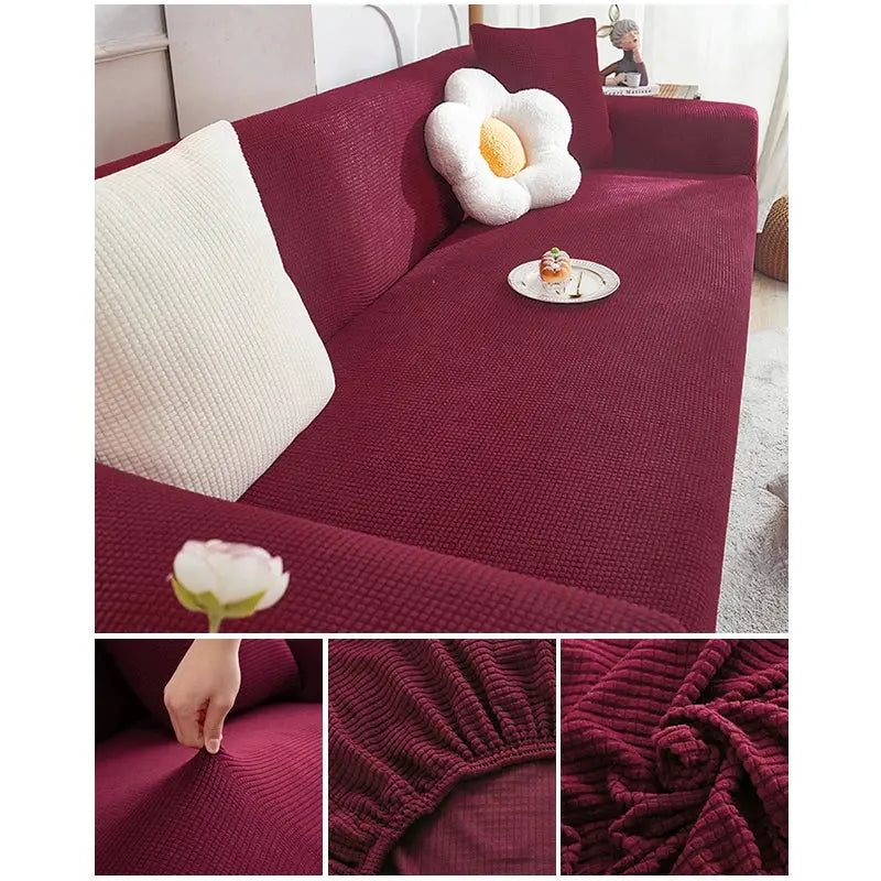 Elastic jacquard sofa cover for L-shaped sectional in burgundy, stretch couch slipcover