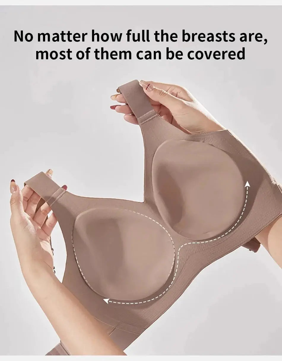 Seamless nude bra with molded cups and pull-up support.