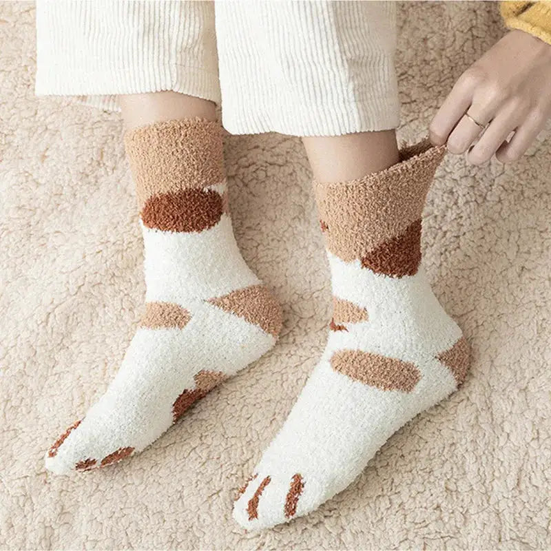 Kawaii Cartoon White Socks For Women Cute 3D Dog Paw Pattern Fleece Warm Home Floor Sleeping