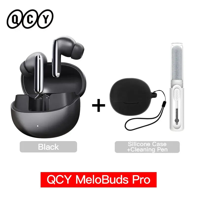 QCY MeloBuds Pro wireless earbuds in black with charging case plus silicone case and cleaning pen.