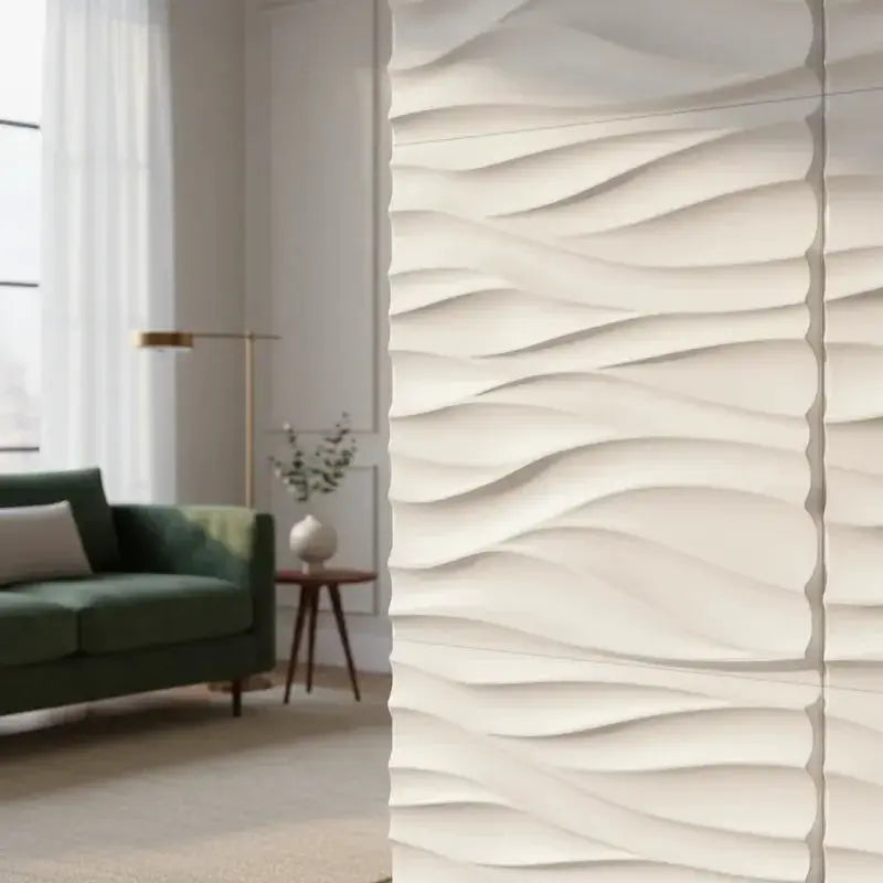 10-piece 30x30 cm white 3D wall panels with wave texture for living room decor.