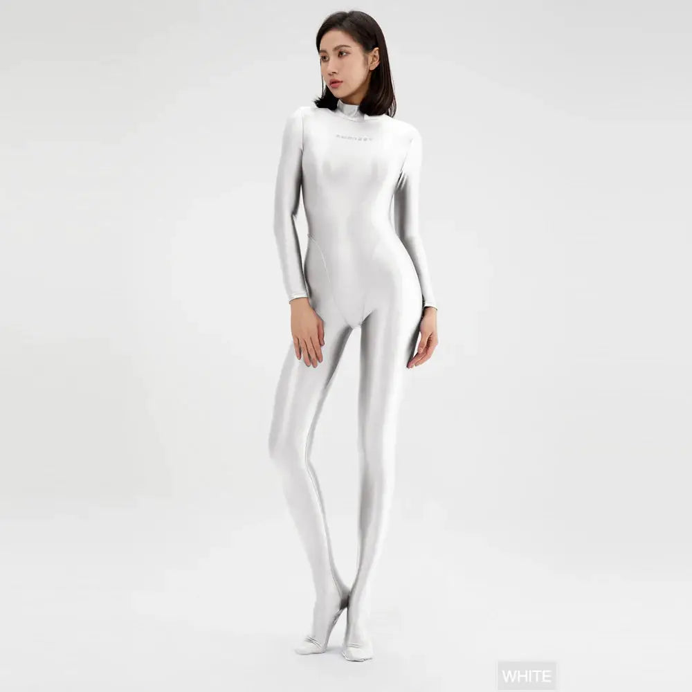 AMORESY women's wetlook glossy white catsuit with zipper