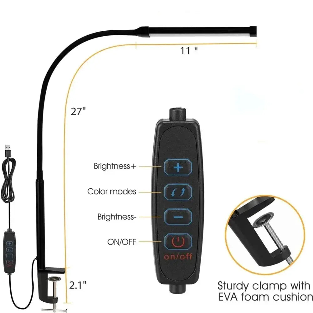 Simples Market black LED desk lamp with adjustable gooseneck, clamp mount, USB control, dimmable brightness and color modes