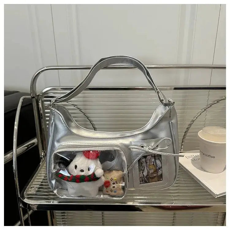 Y2K Harajuku transparent ita bag by Simples Market, silver metallic handbag with clear front pockets