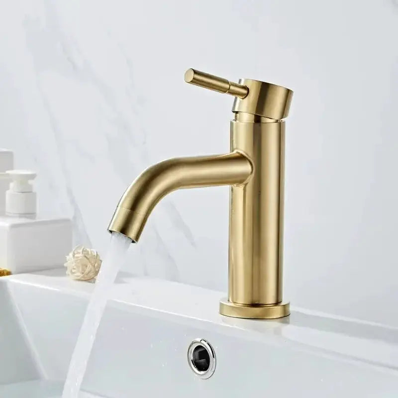 Simples Market brushed gold stainless steel bathroom faucet, 2-hole deck-mount basin mixer with hot/cold control