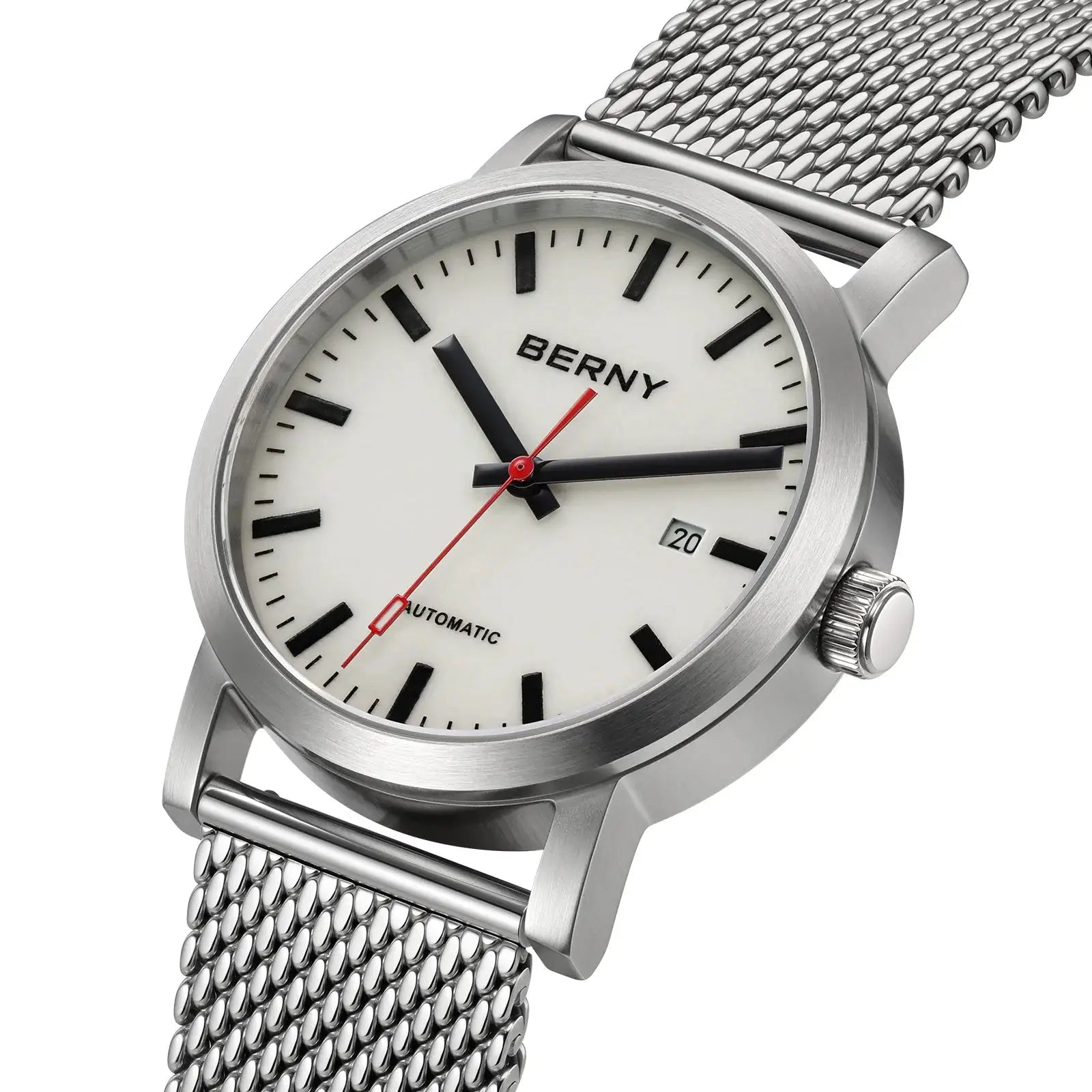 BERNY automatic men's watch with 316L stainless steel mesh band, white dial and black markers
