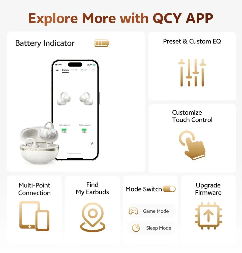 QCY Crossky C50 open-ear wireless earbuds with white charging case and phone displaying battery indicators