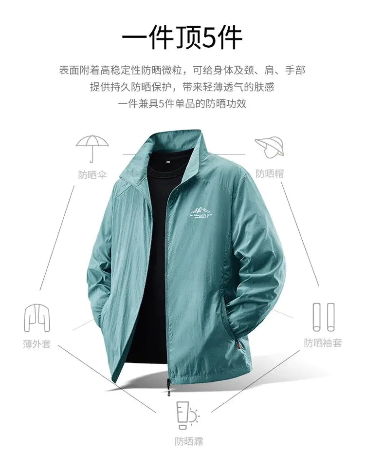 2025 men's ultra-light sun protection jacket by Simples Market in teal, breathable UV-proof coat.