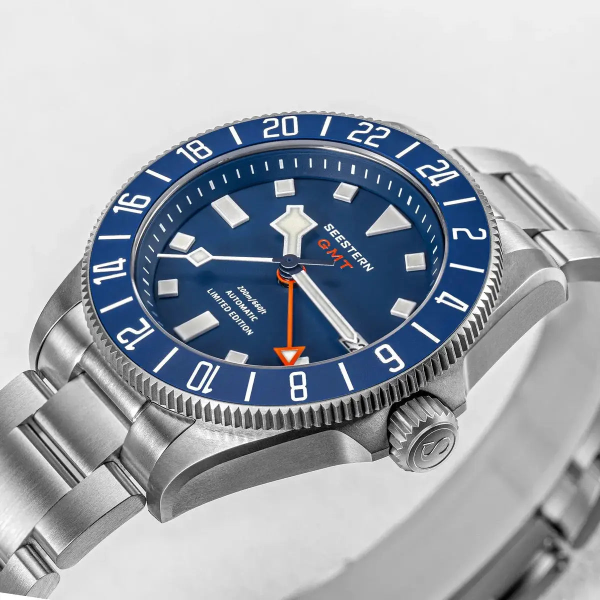 SEESTERN diver watch with blue dial and bezel, automatic GMT movement, sapphire crystal