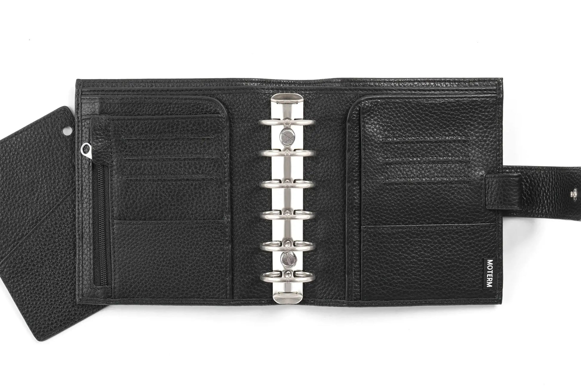 Moterm Luxe 2.0 pocket planner in black pebbled leather, A7 size, 30mm rings, card slots.