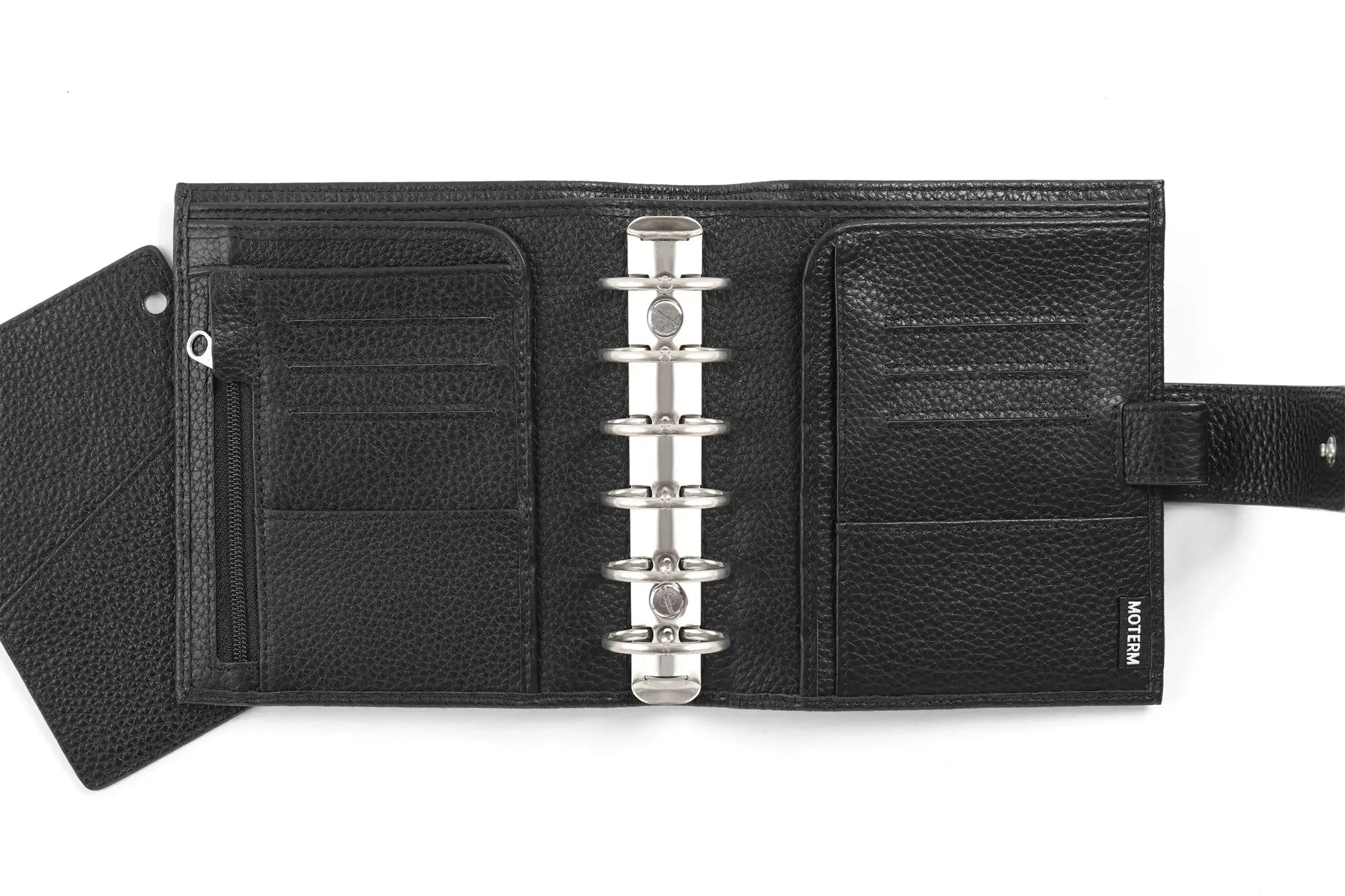 Moterm Luxe 2.0 pocket planner in black pebbled leather, A7 size, 30mm rings, card slots.