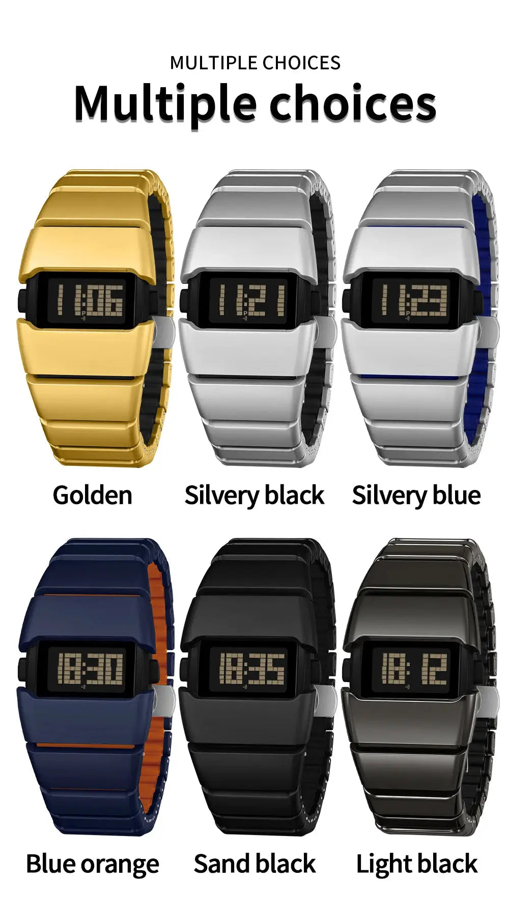 Six-color SANDA 9504 Y2K retro digital watch; gold, silvery black, silvery blue, blue-orange, sand black, light black.