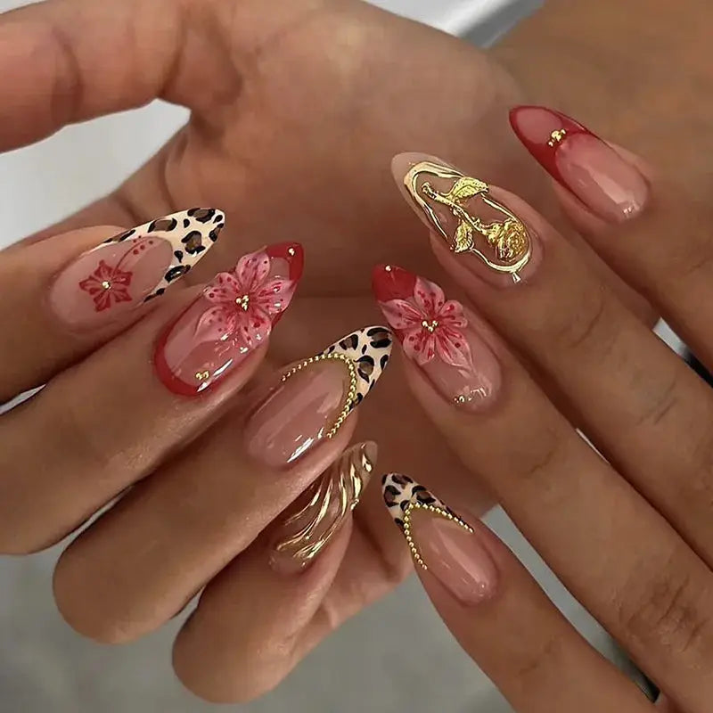 GlamNail Pink Almond Press On Nails Full Coverage Carved Flower 3D Ripple French Tips Golden Pearl Finish