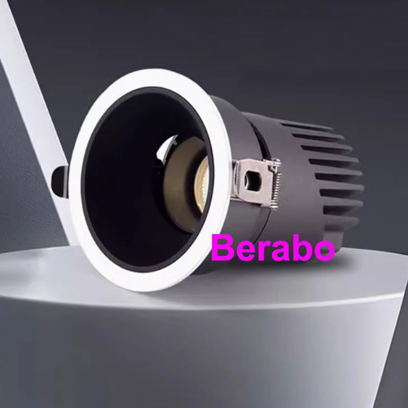 Recessed COB LED downlight, white bezel, black housing; Simples Market with Berabo watermark