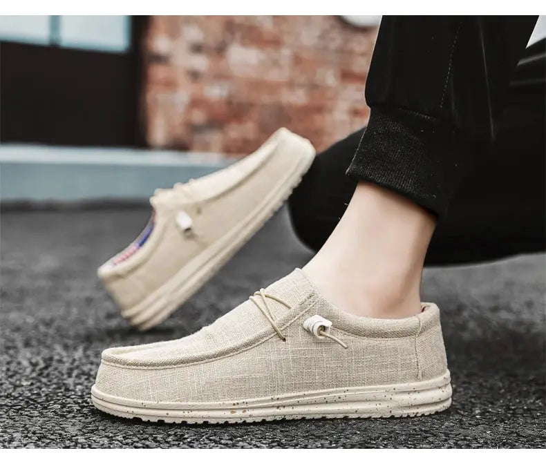 Men's beige canvas loafers by Simples Market, breathable vulcanized sole, casual walking shoes, sizes 39–46