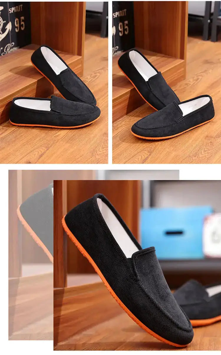 Men's black fabric loafers with orange sole, slip-on driving moccasin style