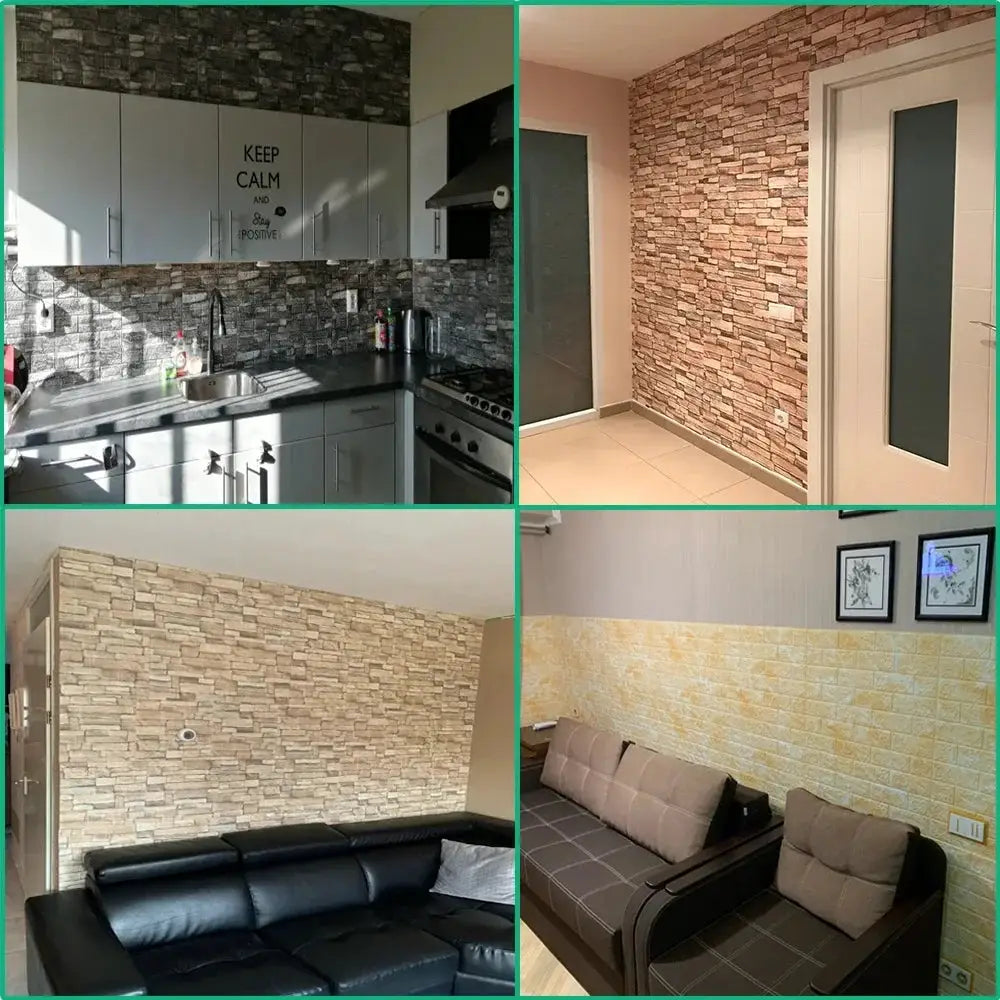 10pcs Simples Market self-adhesive 3D foam brick wall stickers for interior decor; gray/beige stone textures