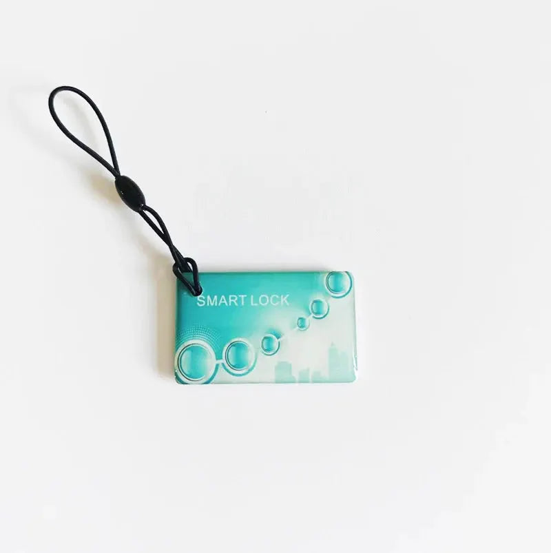 Proximity RFID card, turquoise plastic with a lanyard loop and SMART LOCK design