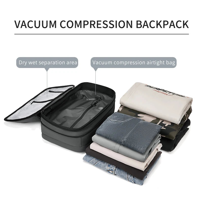 Vacuum compression backpack by Simples Market with dry-wet separation; black bag shown with clothes to show capacity.