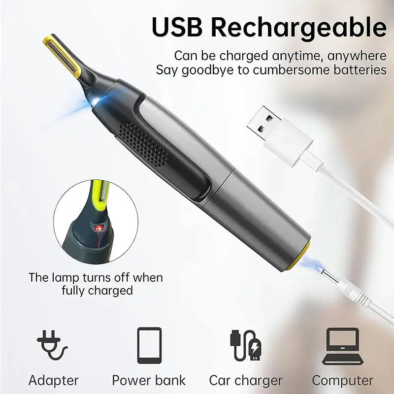 Nose Ear Face Trimmer by Simples Market, USB rechargeable, gray with yellow tip and charging cable.