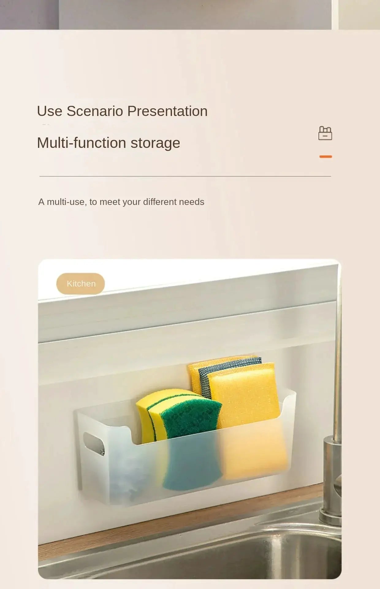 Simples Market non-perforated cling film rack inside cabinet; white plastic organizer with clear bin for kitchen sponges.