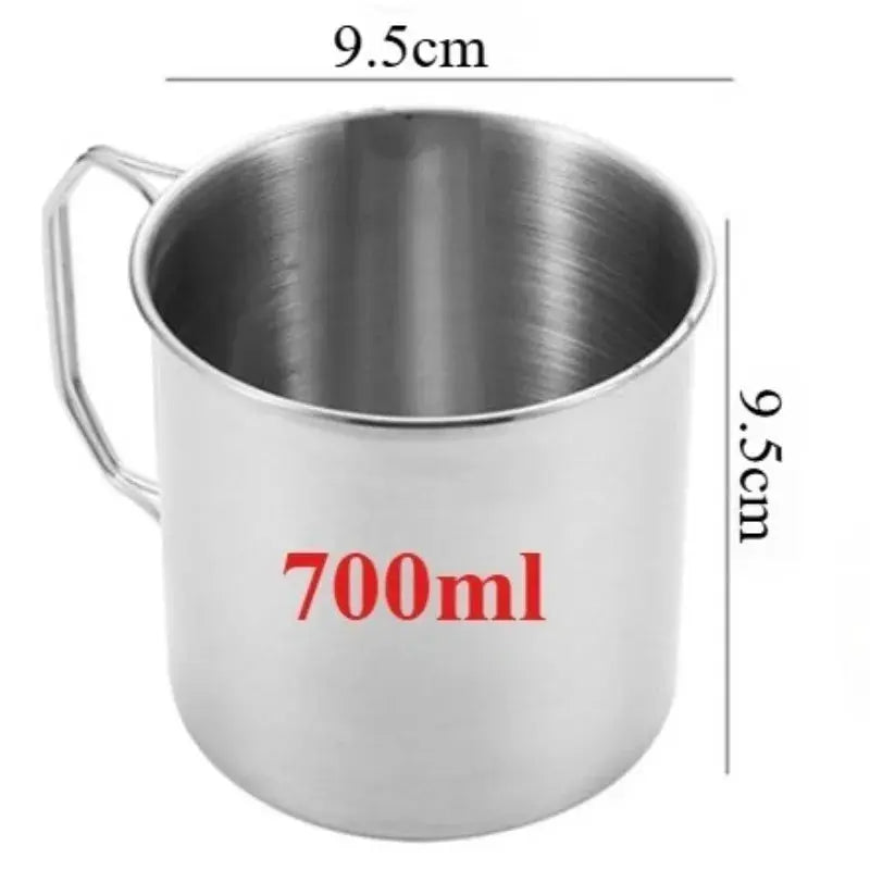 Stainless steel camping cup 700ml with foldable handle, portable mountaineering drinkware