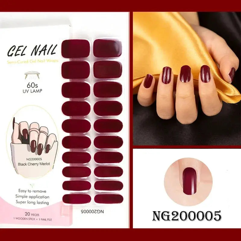 Simples Market 20-piece gel nail wraps set in Black Cherry Merlot; full-cover, semi-cured gel nails for UV lamp