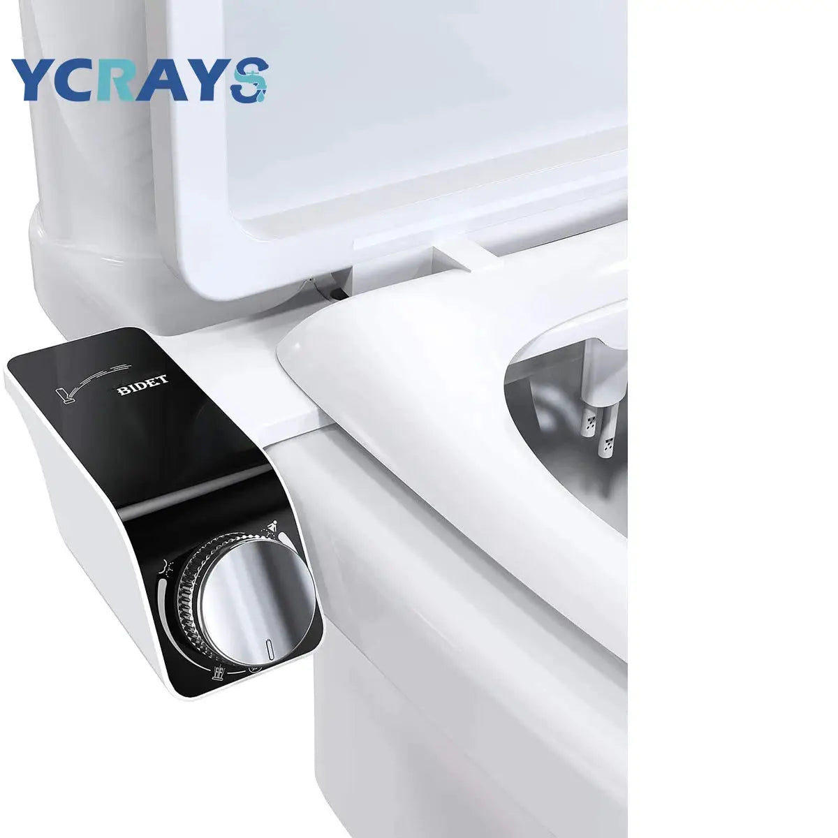Bidet toilet seat attachment by Simples Market, non-electric with black control panel and chrome dial on white toilet.