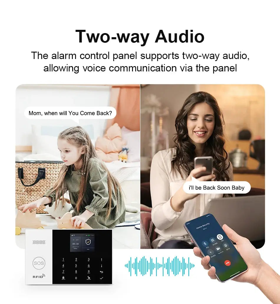 PGST WiFi 2G GSM home security alarm system kit with touchscreen panel, RFID reader, two-way audio