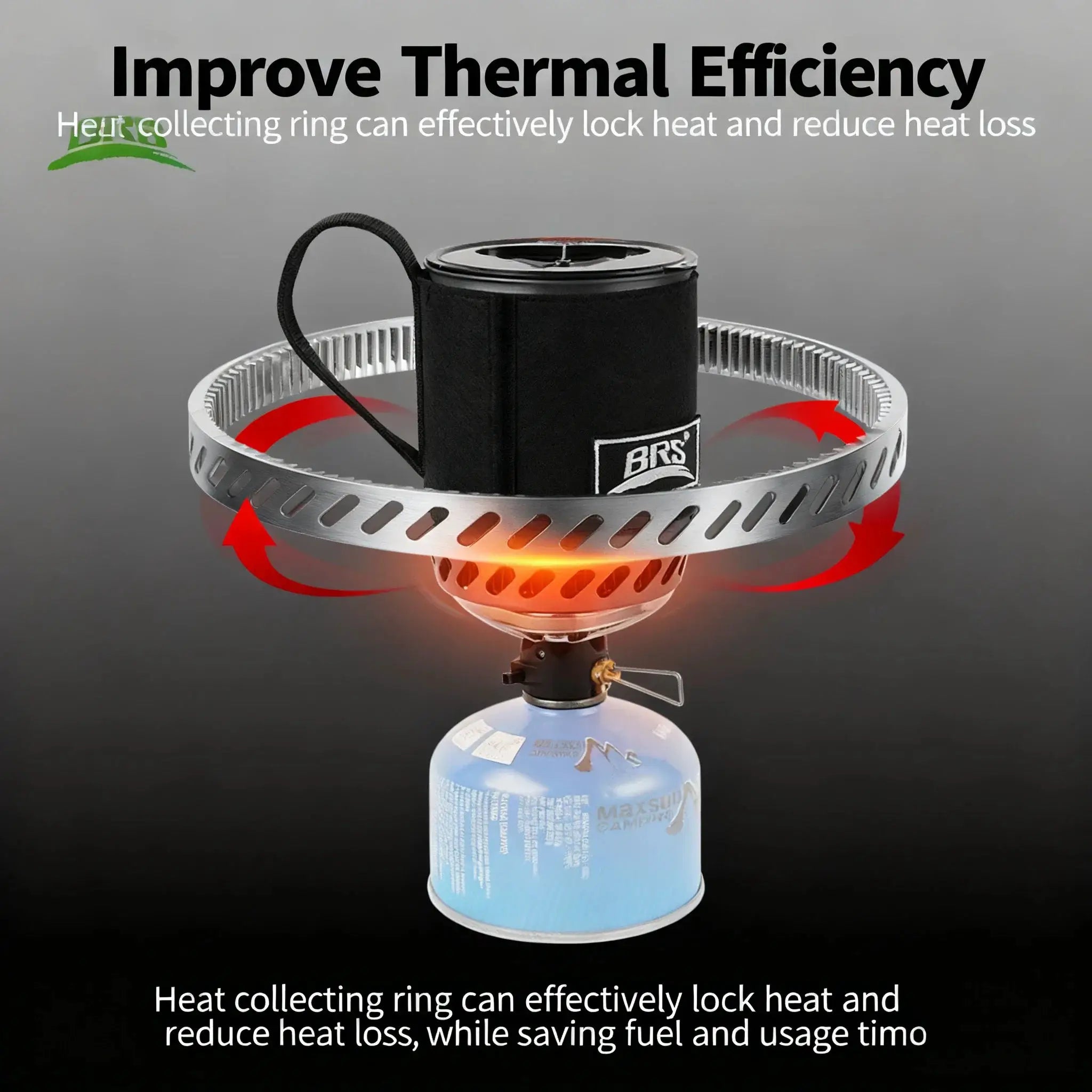 BRS-61 camping stove with heat-collecting ring and propane canister for ultralight outdoor cooking