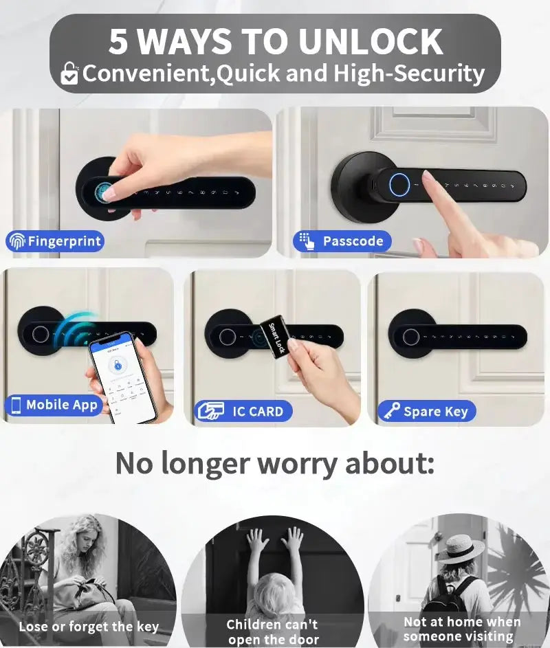 TTLock smart door lock by Simples Market, black 5-in-1 keyless entry with fingerprint, RFID card, Bluetooth app