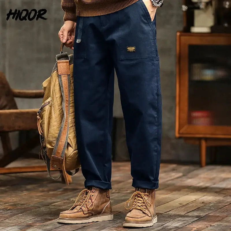 HIQOR men's navy cotton cargo pants, loose mid-waist joggers with belt, brown boots