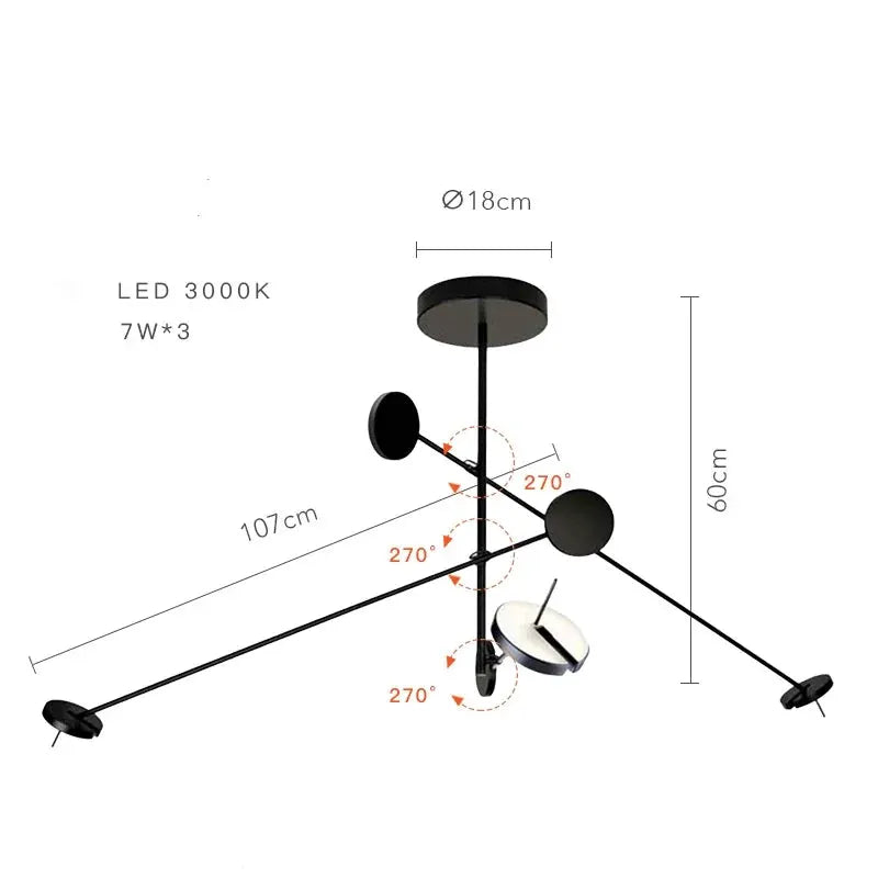 Creative LED Chandelier, black lustre hanging lamp with three 7W LEDs at 3000K and adjustable arms