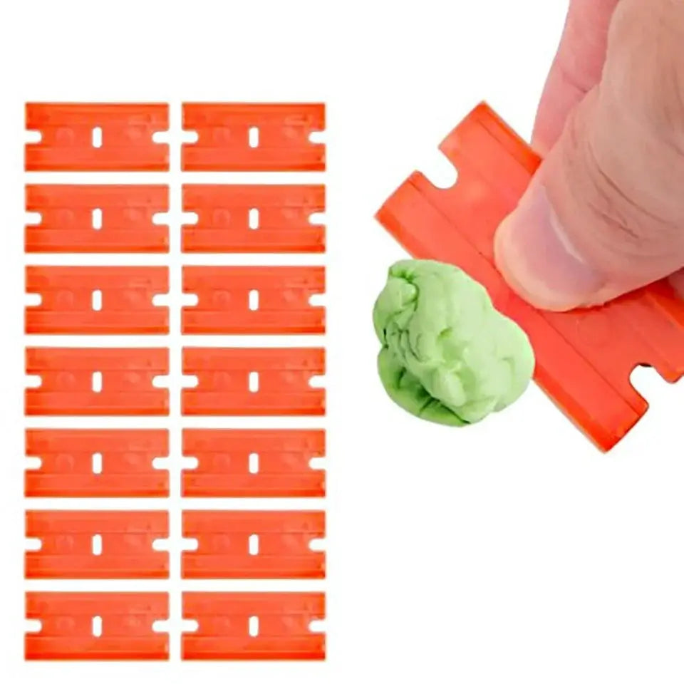 Orange plastic razor blades 100-piece set with green glue remover for label removal and window glass cleaning