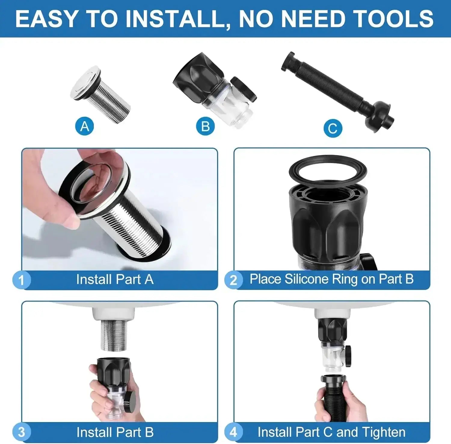 Simples Market kitchen sink drain hose kit with A silver threaded connector, B black/clear filter, C black hose with silicone ring