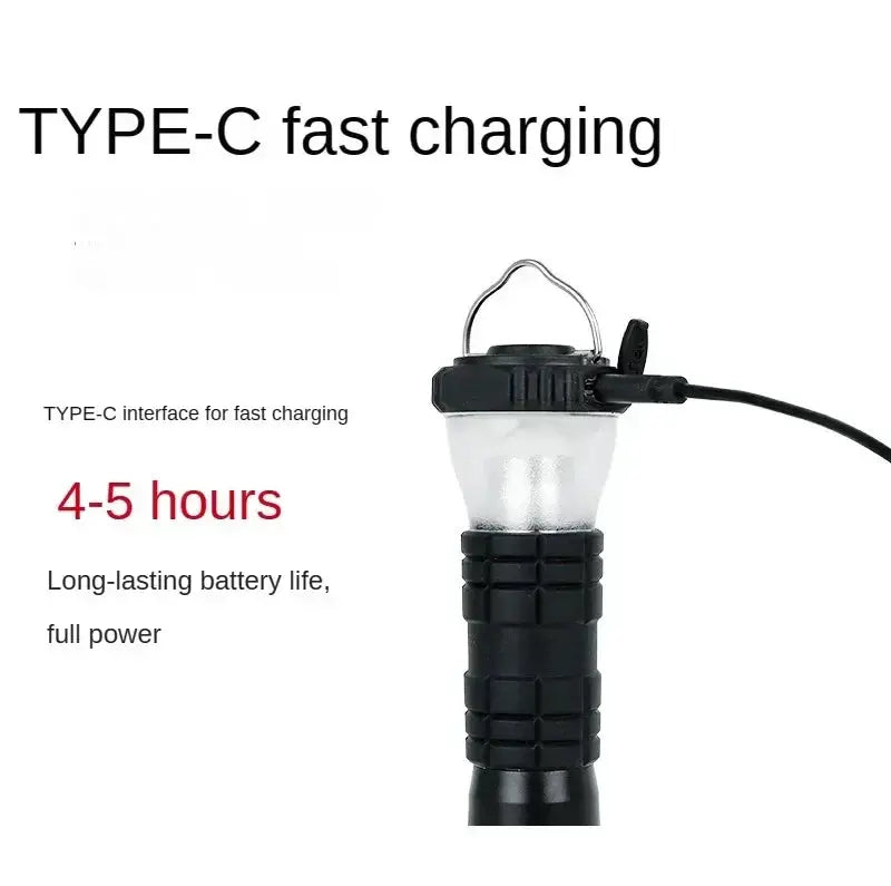 Portable camping lantern with black rubber grip and USB-C fast charging