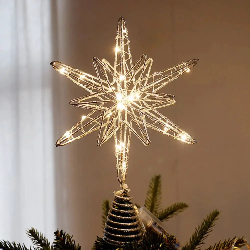 Gold Christmas Tree Topper Star With LED String Lights Ornament For Home Decor Party Festive New Year