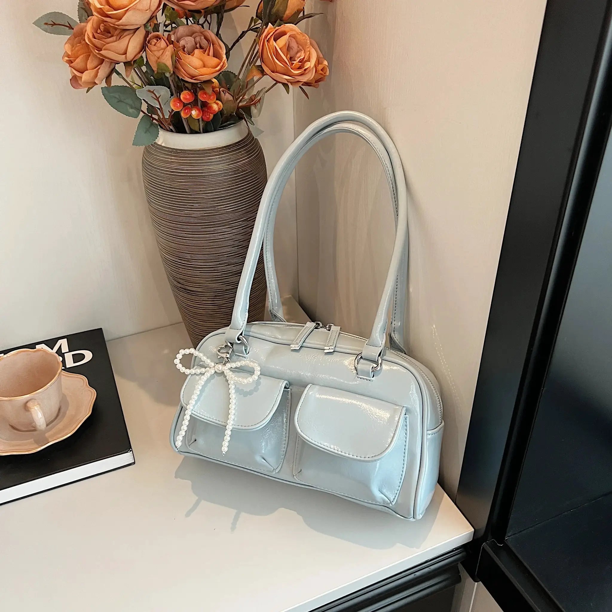 Korean Edition Underarm Bow Pillow Bag For Women PU Leather Shoulder Bag With Comfortable Pillow Shaped Design