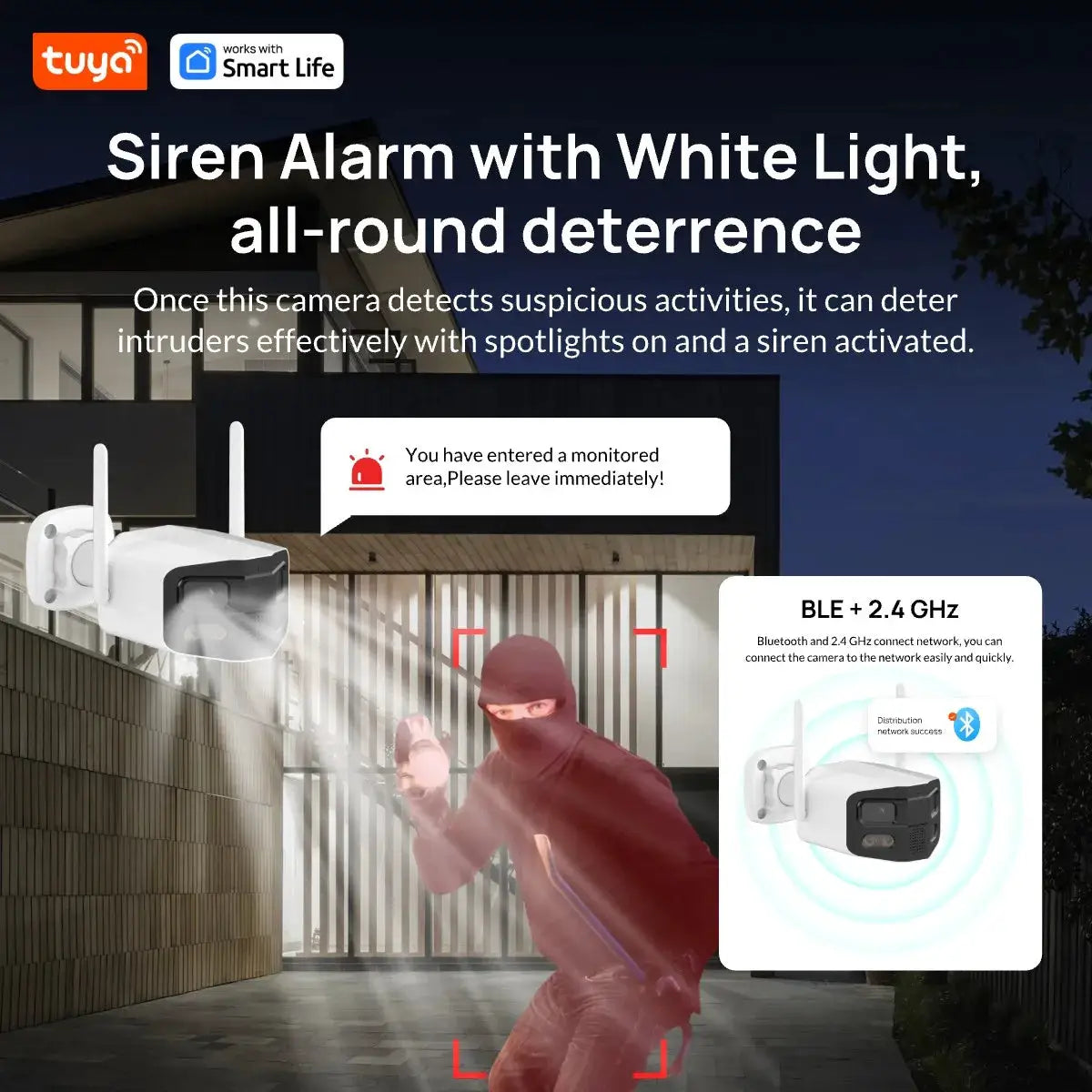 Tuya Smart 4MP 2.5K outdoor dual-lens security camera, white, color night vision and siren, Simples Market