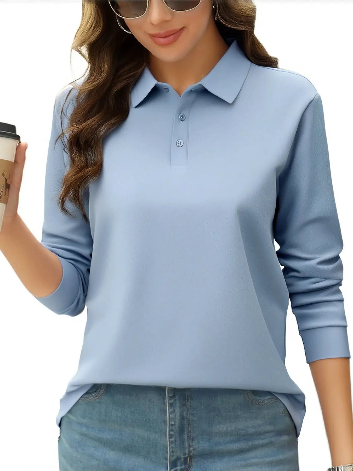 Solid Color Autumn Womens Long Sleeve Polo Shirt Lapel Streetwear