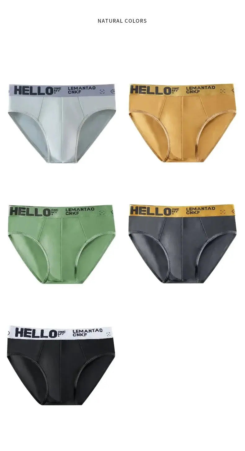 5-pack men's briefs with Hello waistband in assorted colors: light blue, tan, green, gray, black.