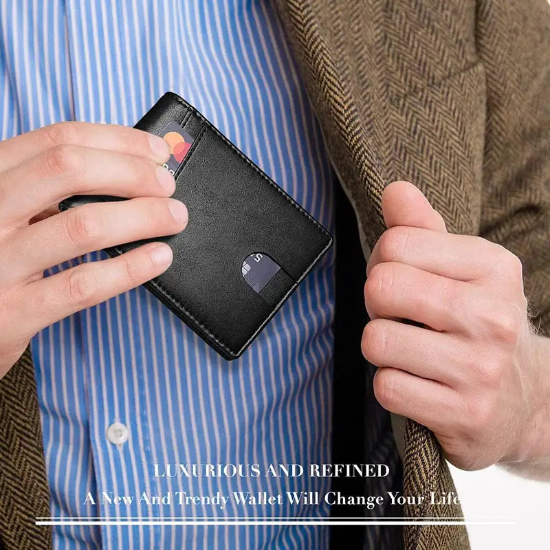 Men's ultra-thin RFID leather wallet with multiple card slots in black