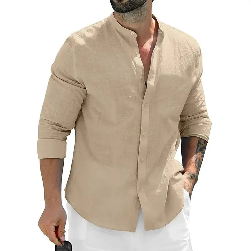 Autumn Mens Long Sleeve Cotton Shirt For Business Casual Solid Color Breathable Streetwear Button Front White
